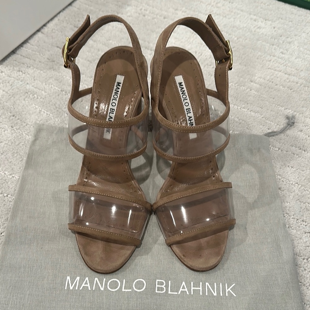 Manolo Blahnik Brown and Clear Heeled Sandals Khan